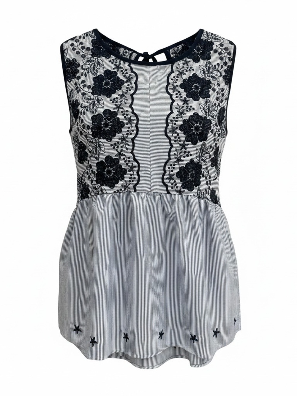 Boutique Blue White Striped Floral Embroidered Babydoll Pullover Top 2X